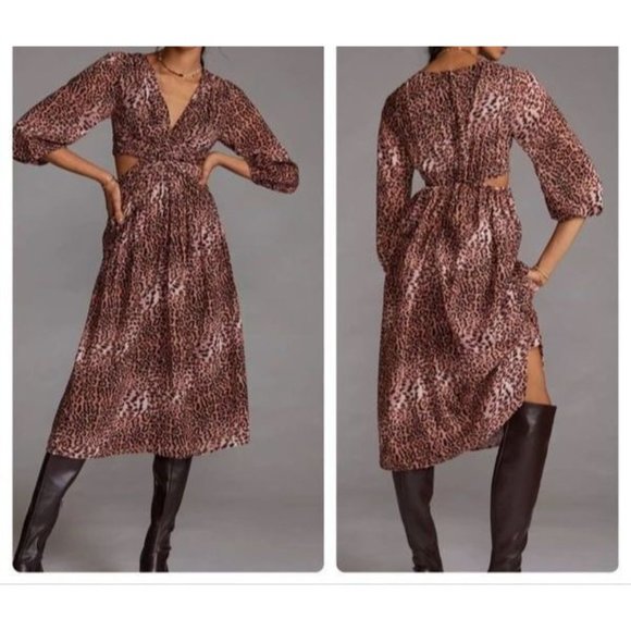 Anthropologie Dresses & Skirts - Anthropologie Ranna Gill Cut Out Midi Dress Leopard Print Sz S Lined NWT $190